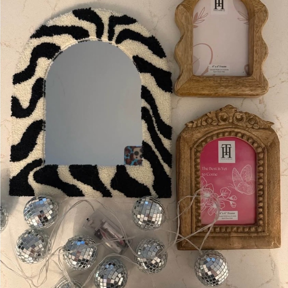 Decor Lot: Disco Lights, Zebra-Pattern Arched Wall Mirror, & Wood Picture Frame